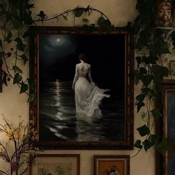 Into The Dark Waters - Dark Academia Print, Witchy Decor, Moody Victorian Wall Art, Woman Portrait, Dark Art Vintage Print, Woman Lake Print