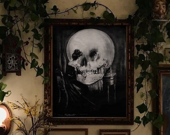 large gothic wall art, antique victorian skull print, Charles Allan Gilbert, gothic art work, dark academia art,  illusion, all is vanity