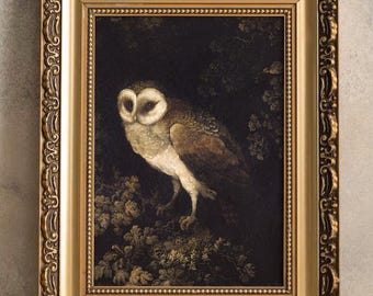 antique owl painting, dark academia wall art, dark moody bird print, owl print, vintage animal wall art, dark art, owl gift, woodland print