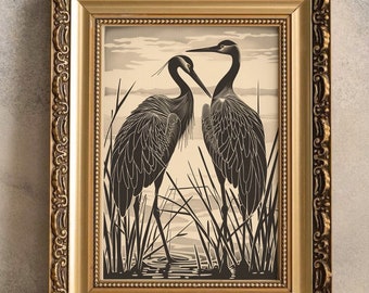 Vintage Grauer Reiher Kunstdruck, Schwarzer Reiher Druck, Vögel Wandkunst, Japanische Kunst, Holzschnitt, Küstenwandkunst, Vogel Illustration