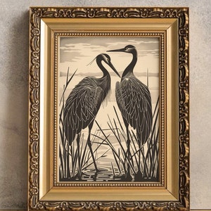 Vintage blauwe reiger Art Print, zwarte reiger, kunst aan de muur vogels, Japanse kunst, houtsnede, houtsnede, kustmuurkunst, vogelillustratie
