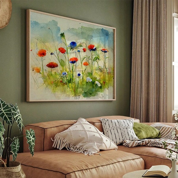 art mural floral horizontal, peinture aquarelle de fleurs colorées, impression de coquelicots aquarelle, art au-dessus du lit, impression horizontale 8 x 10 11 x 14