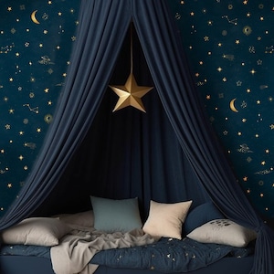 Sternenklare Nacht Tapete, Blaue Kinderzimmer Tapete, Sterne, Nachthimmel, Abnehmbare Deckentapete, Kinderzimmer Dekor, Dunkles Kinderzimmer zum Abziehen und Aufkleben