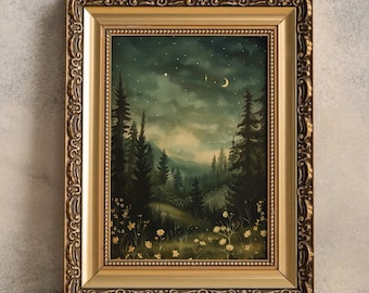 Lost Between Trees at Night Art Print, Dark Nature Aesthetic, Nocturne Print, Flowers at Night, Dark Cottagecore Wall Art, Dark Academia,