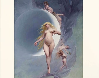 spiritual wall art, mystical art, blue bathroom, Luis Ricardo Falero, moon witch print, moon goddess, light blue wall art, spa art, surreal