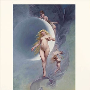 spiritual wall art, mystical art, blue bathroom, Luis Ricardo Falero, moon witch print, moon goddess, light blue wall art, spa art, surreal