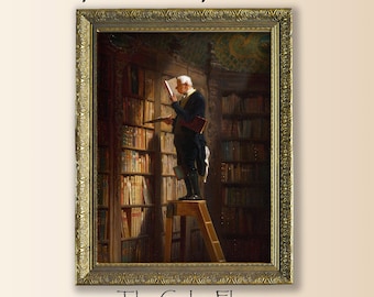 Oprawione obrazy na ścianę z książkami, wystrój biblioteki, oprawiony wydruk biblioteczny, zabytkowy obraz biblioteczny, zabytkowa sztuka książkowa, wystrój kącika czytelniczego, Carl Spitzweg