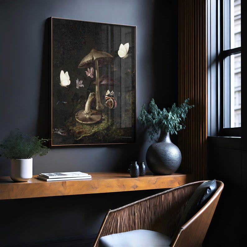 a dark room with a wooden shelf, a painting of a mushroom and butterflies, a potted plant, and a woven chair.