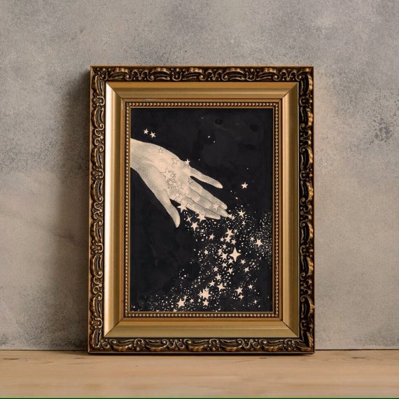 Hand Full of Stars Print, Celestial art, Minimalist Black and White art, Witchy Wall Art, Magical print, Dark Moody Art, Ethereal Art