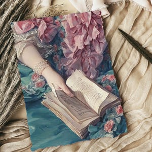 a hand holding an open book, surrounded by a floral background.