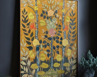 Vintage botanische bosprint, betoverend boskunstwerk, bloemenwanddecoratie, tuinschilderij in antieke stijl, cottagecore kunst, impressionistische kunst