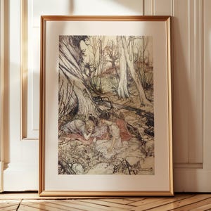 Impression de Shakespeare, Songe d&#39;une nuit d&#39;été, impression d&#39;Arthur Rackham, Hermia et Helena, affiche d&#39;art féerique, décoration champêtre, décoration de ferme