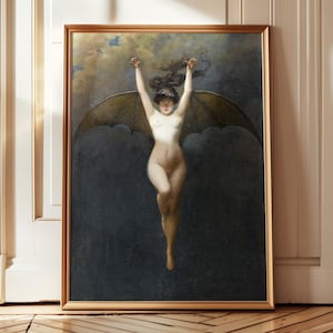 donkere academische prenten, heksenkunstprint, donkere vrouwelijke kunst, vleermuisvrouwenprint, donkere cottagecore-esthetiek, demonische schilderkunst, heksencadeaus vrouwen afbeelding 1