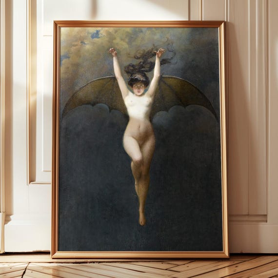 dark academia prints, witchy art print, dark feminine art, Bat Woman print, dark cottagecore aesthetic, demonic painting, witchy gifts women