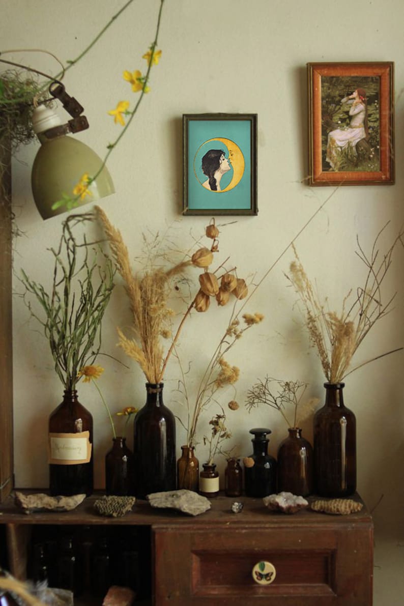 Puede incluir: Un bodeg&oacute;n con flores y plantas secas en botellas de vidrio marr&oacute;n sobre un estante de madera con un caj&oacute;n. El estante tiene un peque&ntilde;o dise&ntilde;o de mariposa en el caj&oacute;n. Hay dos cuadros enmarcados en la pared detr&aacute;s del estante. Una imagen es una ilustraci&oacute;n vintage de una mujer con una luna creciente. La otra imagen es una ilustraci&oacute;n vintage de una mujer sentada en un bosque.