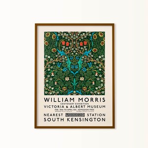 william morris exhibition poster, art nouveau, victoria and albert museum, morris flower pattern, tulip morris, flower wall art, morris wall