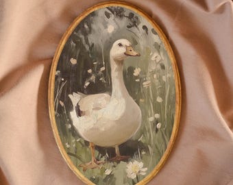 Obraz olejny „Gęś”, dekoracja z drewna w stylu vintage Cottagecore, owalny obraz 5x7