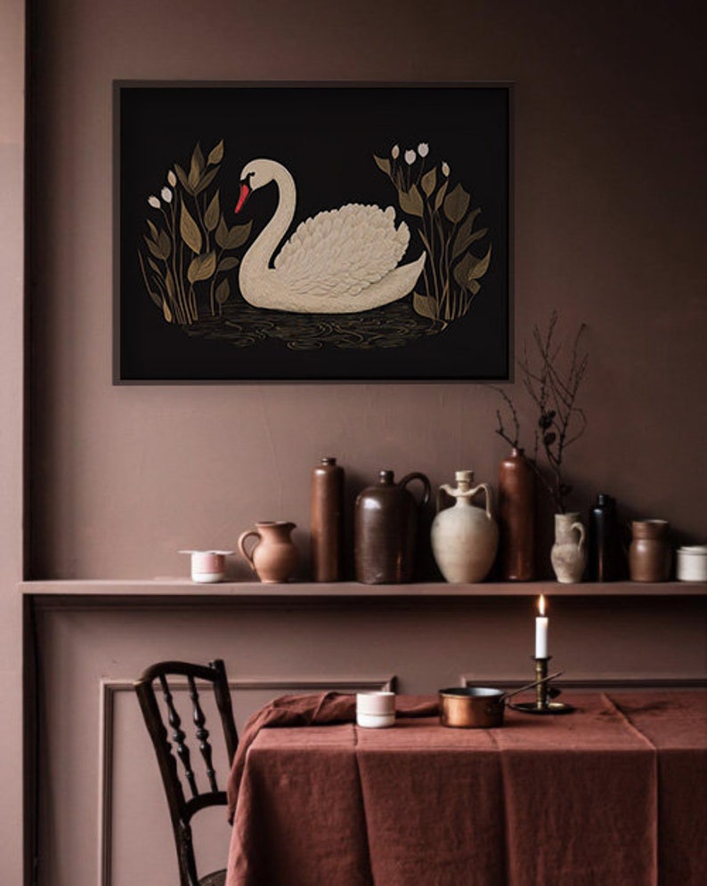 May include: A black and white illustration of a swan swimming in a pond with green foliage. The swan is white with a red beak and is facing left. The background is black.