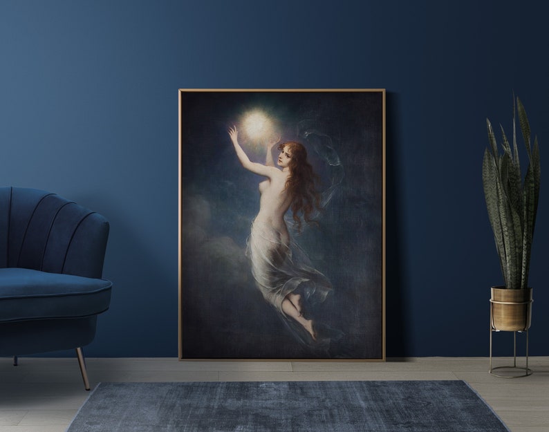 May include: A painting depicting a woman reaching towards a bright light in a dark sky. The woman is wearing a flowing white dress and has long, flowing hair.