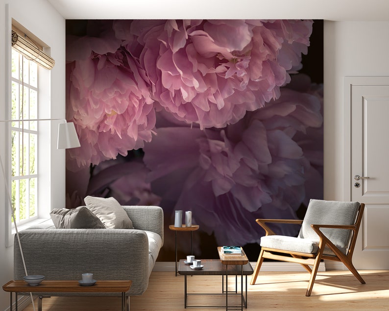 Dark Peony Wallpaper, Peony Wall Mural, Accent Wall Bedroom, Dark ...