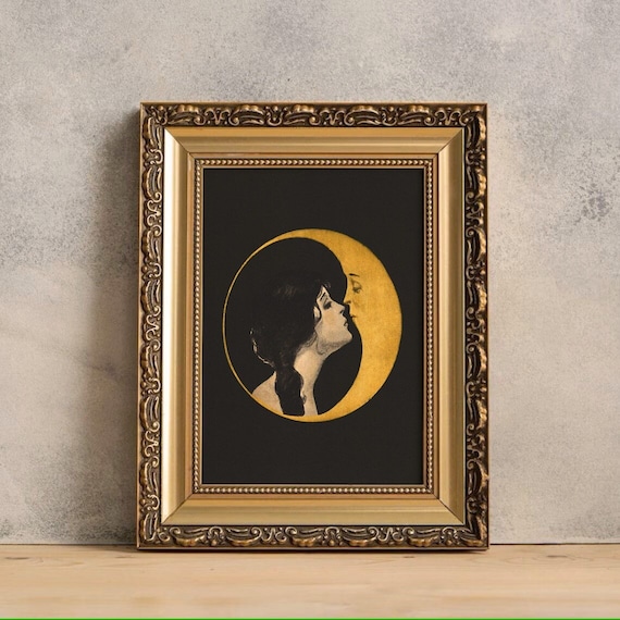 Woman Kissing Moon Print, Art Nouveau Moon Print, Black Moon Wall Art, Witchy Print Large 30x40, Crescent Moon Art, Moon Goddess Art Deco