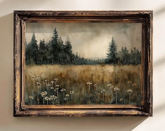 Moody Landscape Print, Dark Moody Flower Field Print, Horizontal 16x20 Print Landscape, Vintage Painting, Country Landscape Wall Art