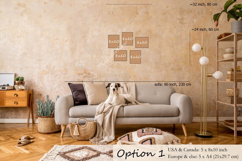 May include: A living room interior design with a gray sofa, a white dog, a gold floor lamp, and a shelf with decorative items. The wall is beige and has a gallery wall of five 8x10 inch frames. The text "Option 1" is visible in the bottom right corner of the image. USA & Canada: 5 x 8x10 inch. Europe & else: 5 x A4 (21x29.7 cm).