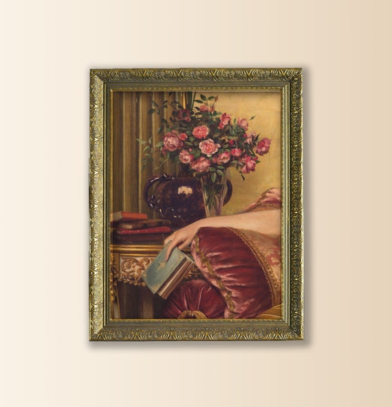 Framed Eclectic Wall Art, Framed Vintage Painting, Vintage Woman Reading Framed Print, Baroque Oil Painting Hands Detail, Reading Nook Decor