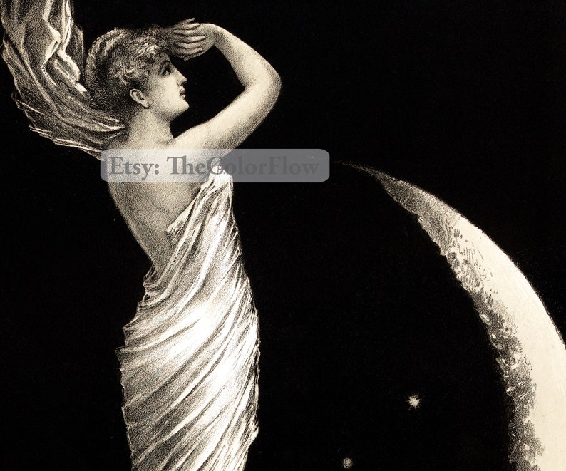 Puede incluir: Una ilustraci&oacute;n en blanco y negro de una mujer envuelta en un vestido fluido, mirando hacia arriba a una luna creciente con estrellas en el cielo nocturno.
