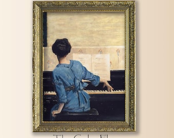 Framed Woman Playing Piano Print,  Framed Piano Wall Art, Music Room Decor, Vintage Woman Piano Painting, Music Wall Art, Woman Portrait
