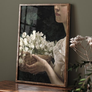 Impresión de niña con flores, retrato de mujer, impresión cottagecore oscura, retrato de ensueño, póster de arte alternativo, impresión romántica de flor de guisante de olor imagen 1