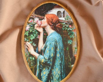 Woman Art Print, Miniature Oil Painting, Vintage Woman Portrait Painting, Oil Painting Print, Small Painting, Wooden Decor, John Waterhouse