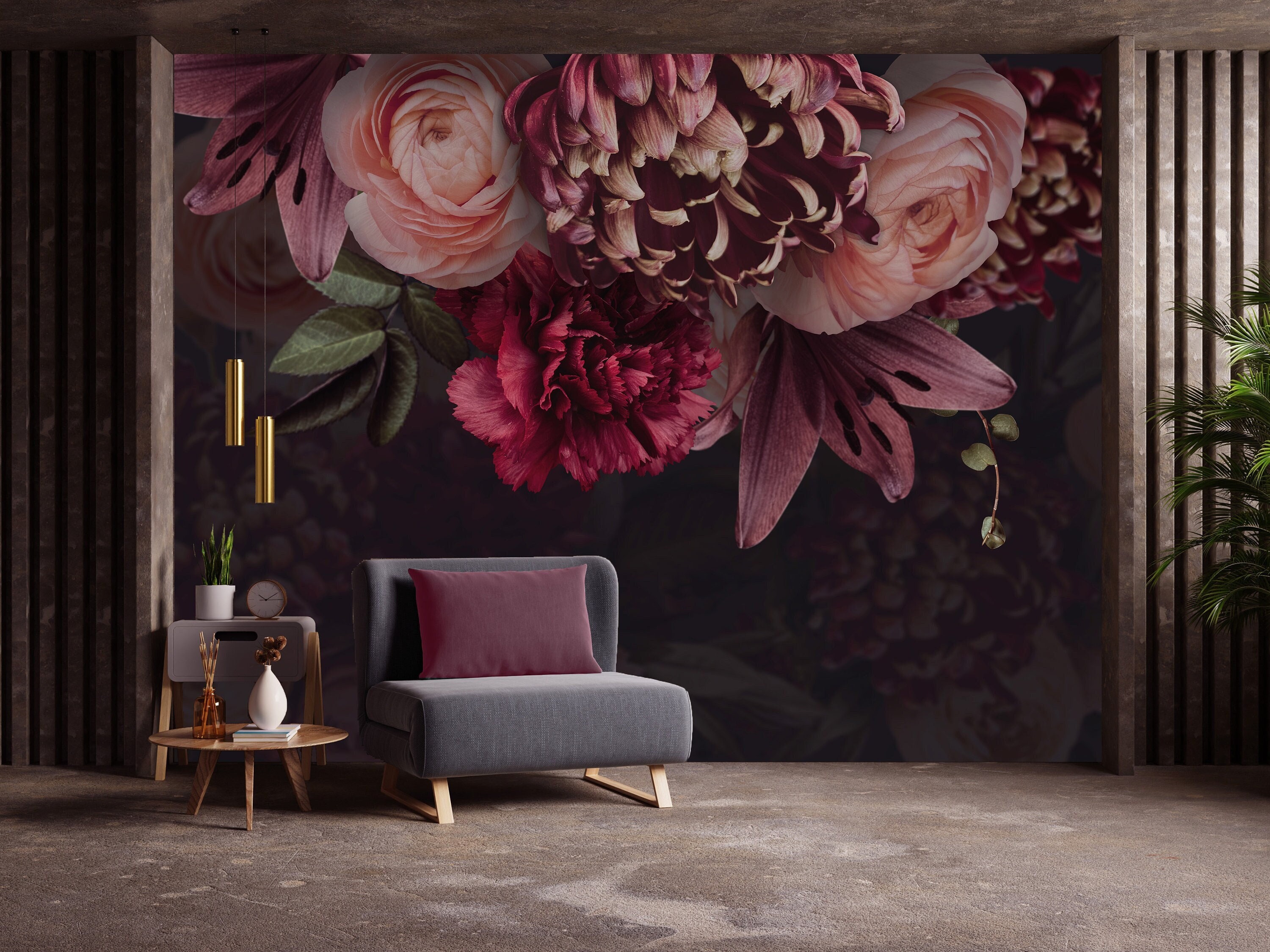Large Wall Flower Mural Peel and Stick Wallpaper Floral Dark Etsy