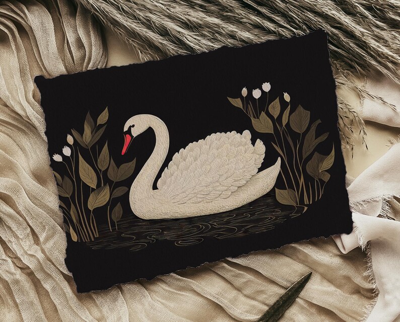 May include: A white swan with a red beak swims in a dark blue pond with gold leaf details. The swan is surrounded by gold leaf plants with white flowers.