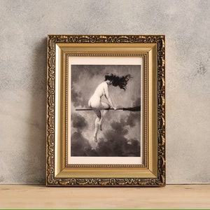 May include: A framed black and white illustration of a woman riding a broomstick in the clouds. The frame is gold with ornate detailing.