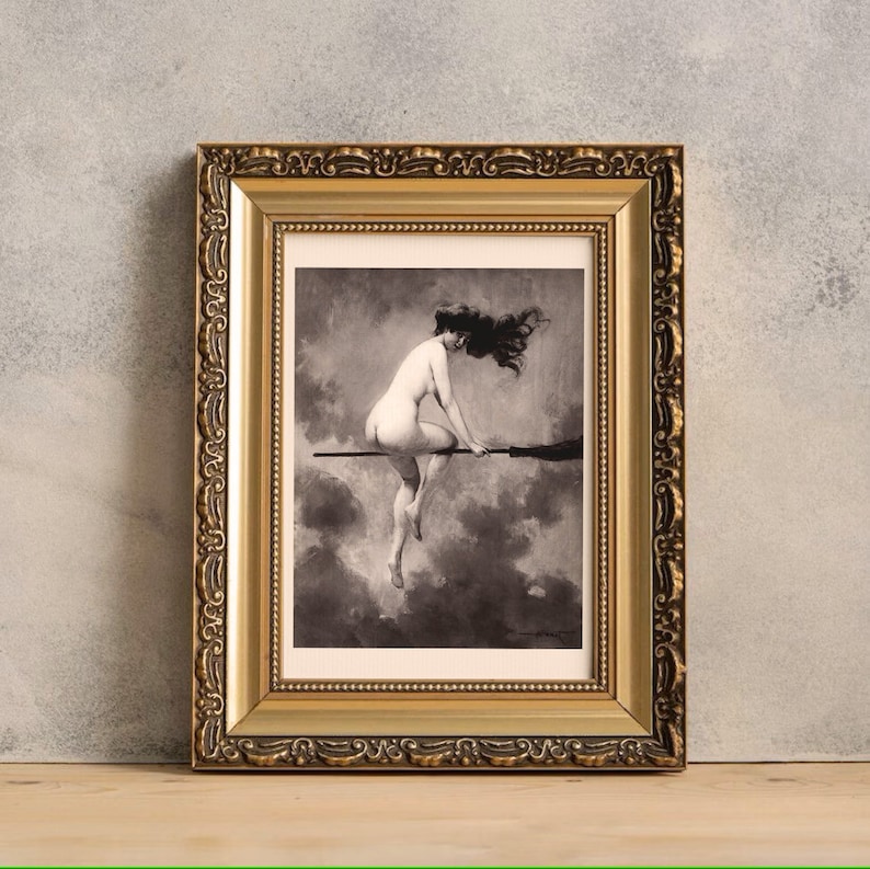 May include: A framed black and white illustration of a woman riding a broomstick in the clouds. The frame is gold with ornate detailing.
