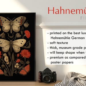 K&ouml;nnte beinhalten: Ein Schwarzwei&szlig;druck einer botanischen Illustration mit Schmetterlingen und Blumen. Der Druck ist in einem schwarzen Rahmen gerahmt und tr&auml;gt den Text "Hahnem&uuml;hle FINEART" in der unteren rechten Ecke. Der Text unter dem Bild lautet "gedruckt auf dem besten Luxuspapier: Hahnem&uuml;hle German Etching weiche Textur dickes, museumsgerechtes Papier beh&auml;lt die Form im gerahmten Zustand bei Premium im Vergleich zu Plakatpapieren".