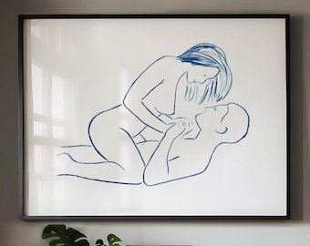 Sensueel naakt stel schilderij: aquarel erotische kunstafdruk