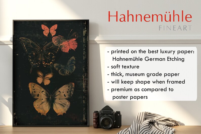 May include: A framed print with a black background featuring a collection of butterflies in various shades of brown, orange, and red. The print is titled "Hahnem&uuml;hle FineArt" and includes information about the paper used for printing.