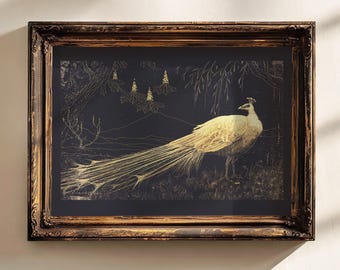 peacock art print, vintage peacock art nouveau print, vintage bird wall art, fine art print, dark moody bird print, vintage animal wall art