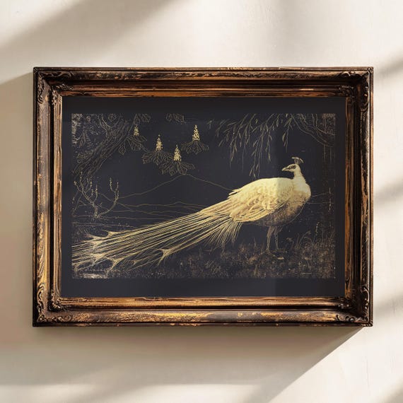 peacock art print, vintage peacock art nouveau print, vintage bird wall art, fine art print, dark moody bird print, vintage animal wall art
