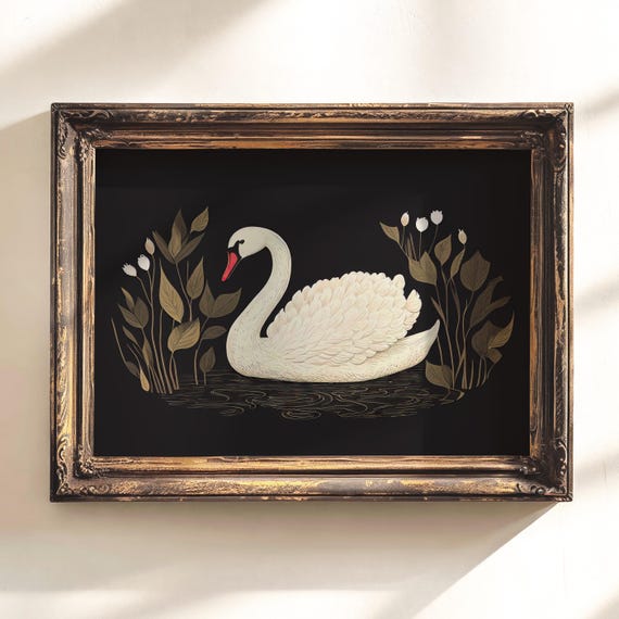 Dark Moody Swan Print, swan painting, black lake swan, dark moody wall art, dark art, black painting, bird art print, kitchen prints
