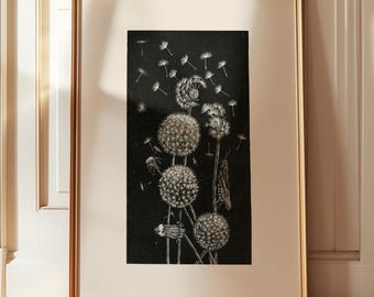 impression de pissenlit, impression noir et blanc, art de pissenlit, art mural botanique, art mural fleur, impression minimaliste, impression d'art floral, impression botanique