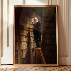 Impresión de pintura de biblioteca vintage, impresión de ratón de biblioteca, hombre leyendo un libro, arte de pared vintage, decoración de rincón de lectura, impresión de Carl Spitzweg de ratón de biblioteca