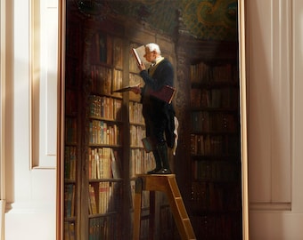 vintage library painting print, bookworm print, man reading a book, vintage wall art, reading nook decor, Carl Spitzweg print bookworm