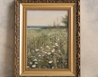 Sage Green Meadow Painting, Vintage Landscape Print, Country Field, impressionist painting print, sage green decor, meadow print cottagecore