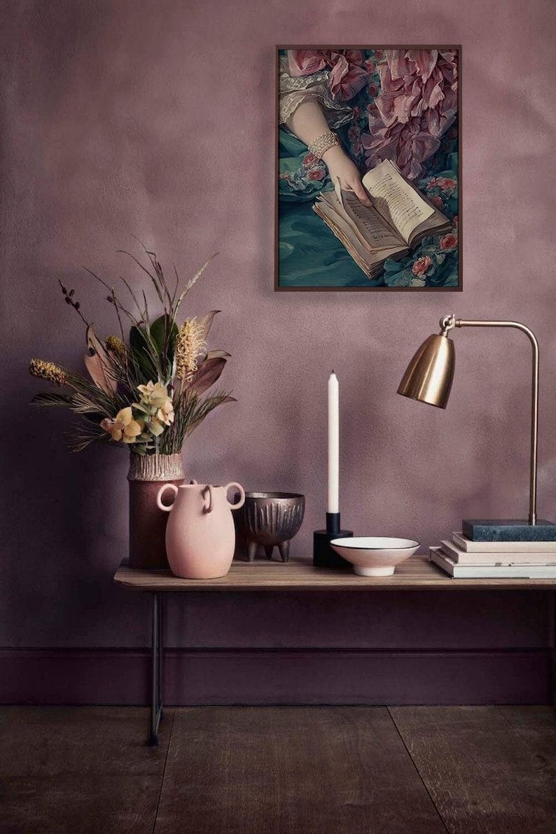 Afdruk vrouw lezend: rococo-boekkunst (blauwgroen en roze, boekenwurmcadeau) afbeelding 7