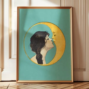 vintage woman kissing moon print, witchy print large 30x40, crescent moon art print, art nouveau, antique moon face, dear old dixie moon