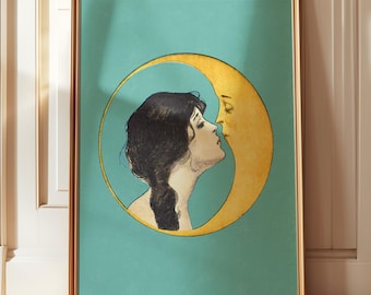 Estampado vintage de mujer besando la luna, estampado de bruja grande 30x40, lámina artística de luna creciente, art nouveau, cara de luna antigua, querida luna dixie