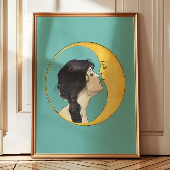 vintage woman kissing moon print, witchy print large 30x40, crescent moon art print, art nouveau, antique moon face, dear old dixie moon